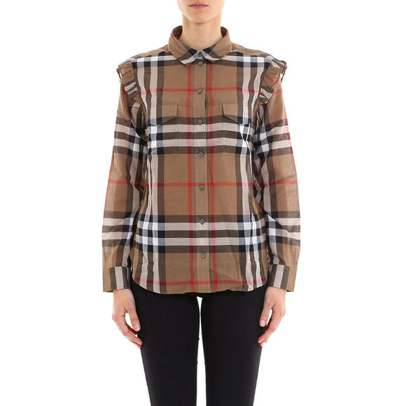 [SOLD] NEW BURBERRY Women's Sz US 6 Nova Check Ruffle Frill Shoulder Shirt - Picture 1 of 12